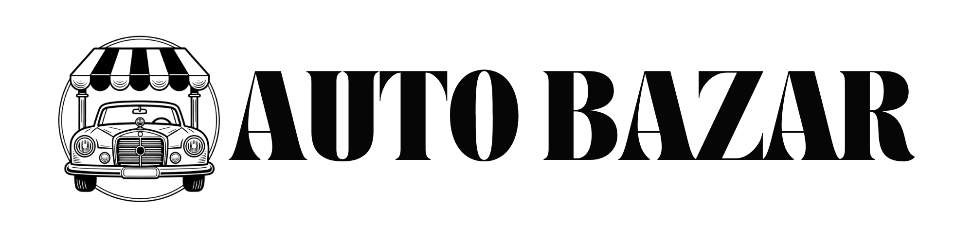 logo firmy auto bazar - maska Mercedesa W110 190C stojącego pod straganem a obok napisa auto bazar