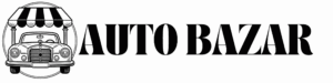 logo firmy auto bazar - maska Mercedesa W110 190C stojącego pod straganem a obok napisa auto bazar